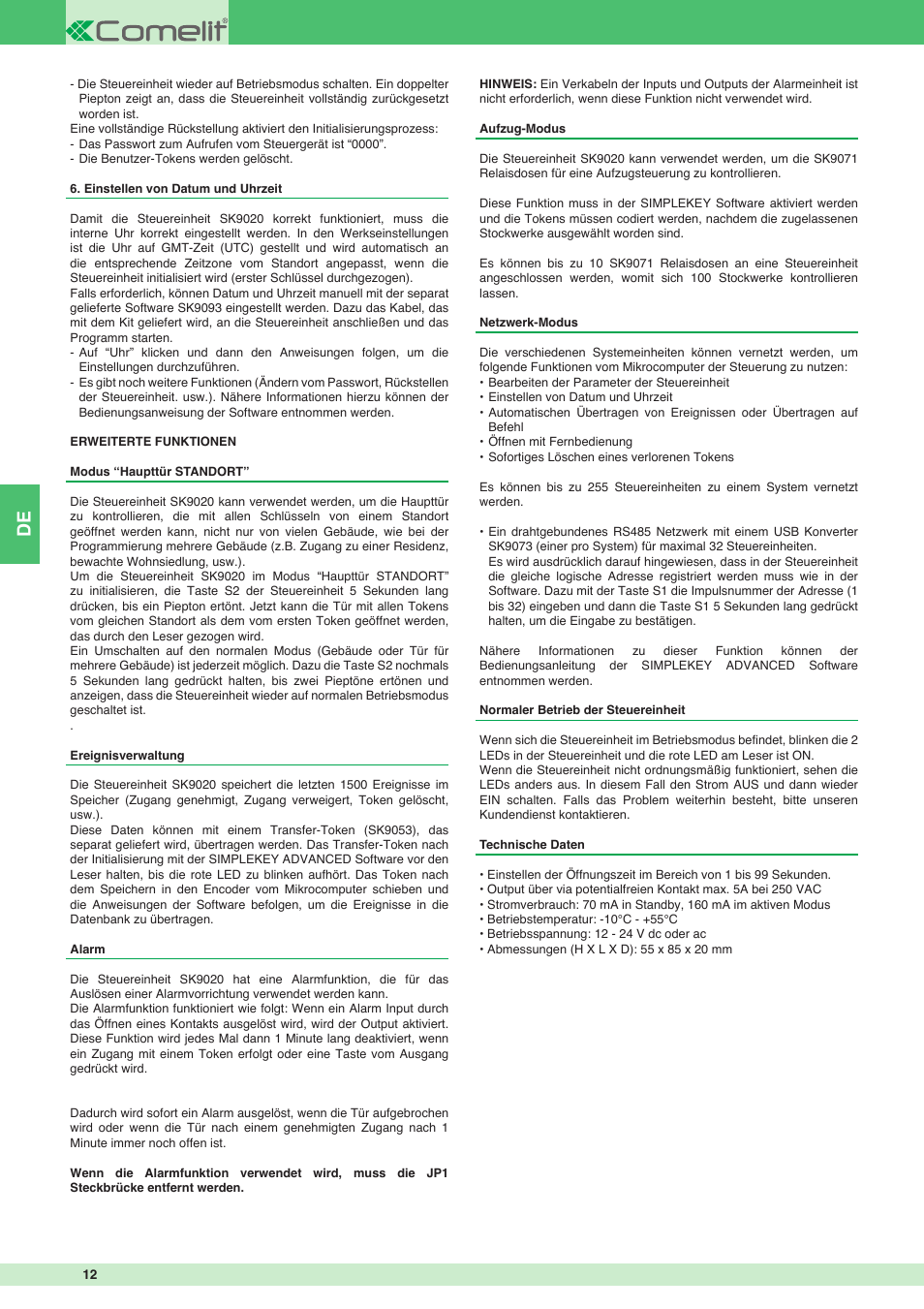 Comelit FT SK9020 User Manual | Page 12 / 16