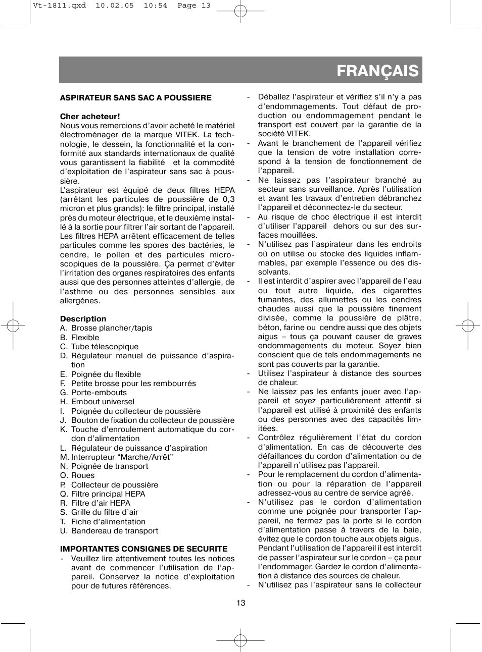 Français | Vitek VT-1811 User Manual | Page 13 / 44