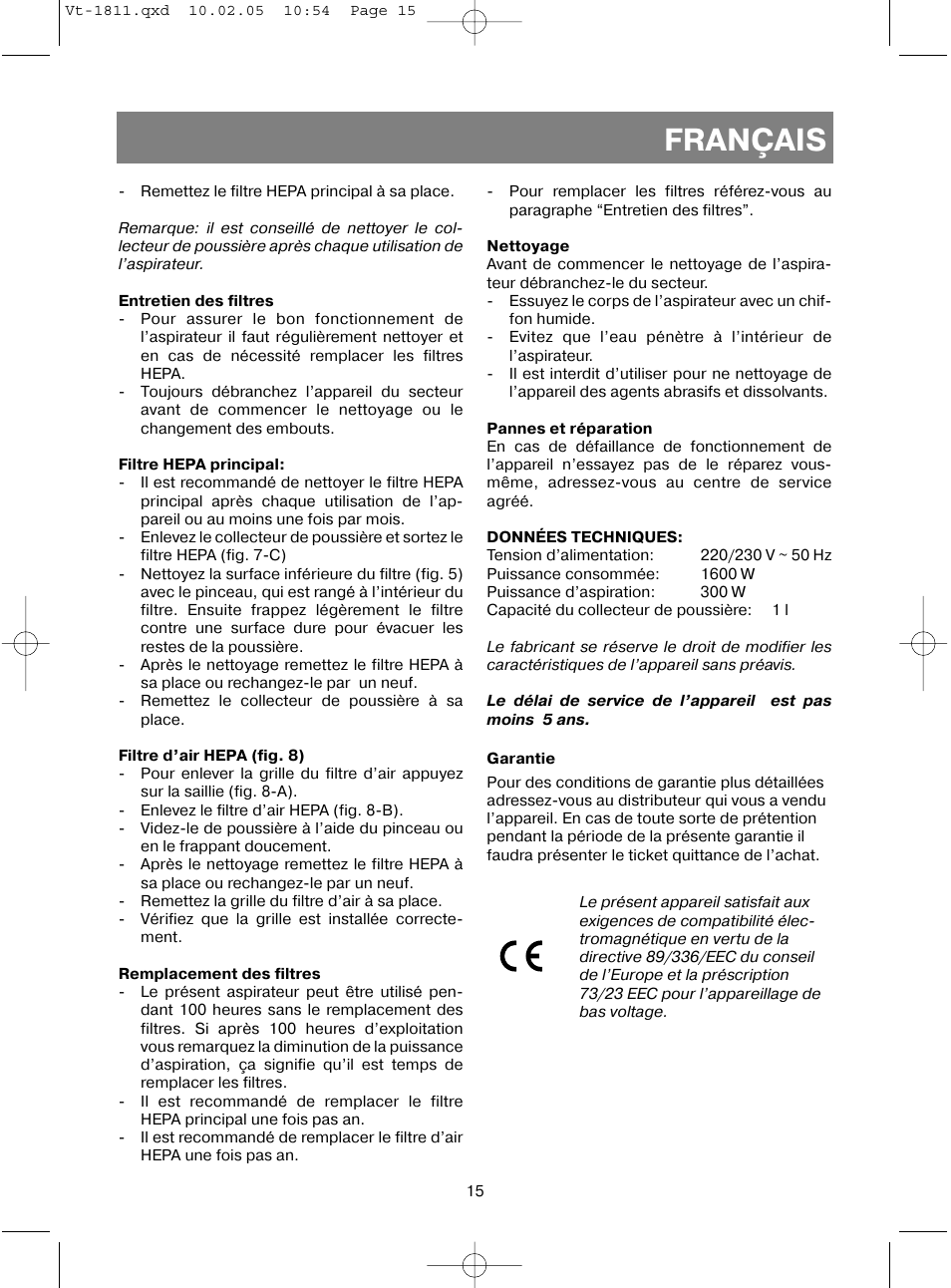 Français | Vitek VT-1811 User Manual | Page 15 / 44