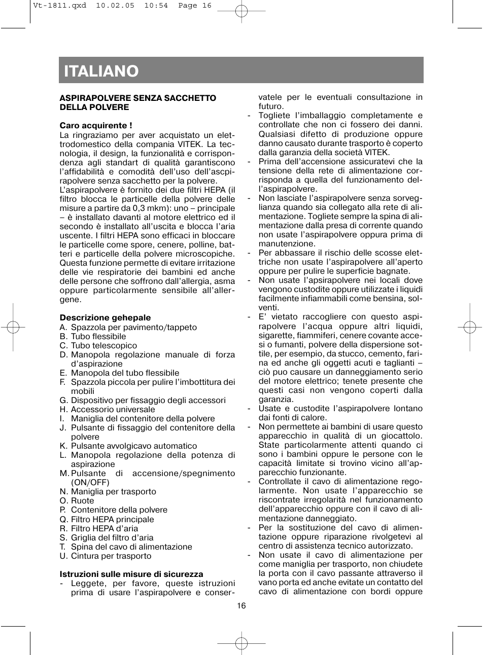 Italiano | Vitek VT-1811 User Manual | Page 16 / 44