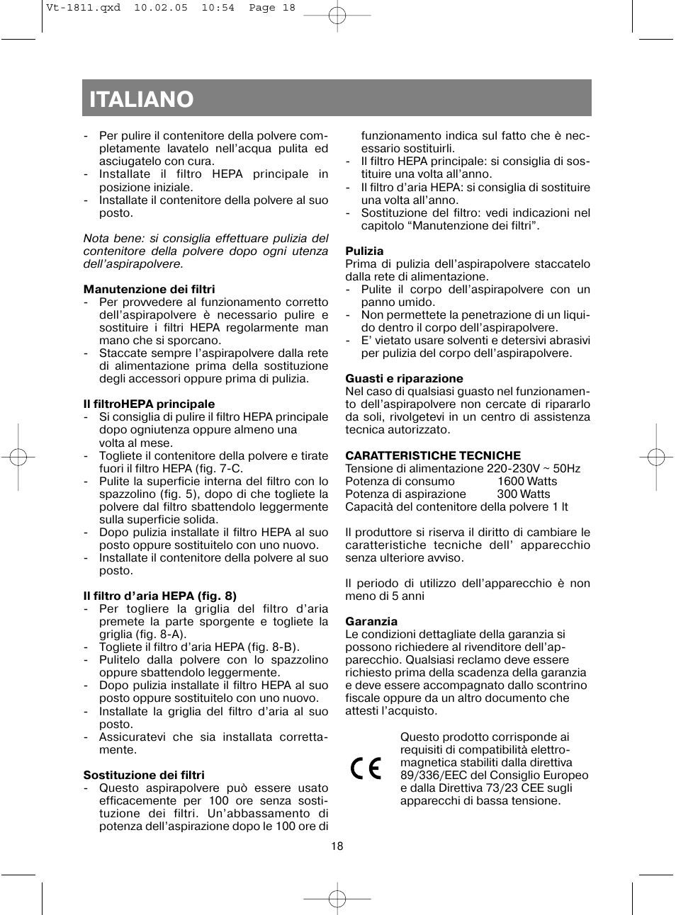 Italiano | Vitek VT-1811 User Manual | Page 18 / 44