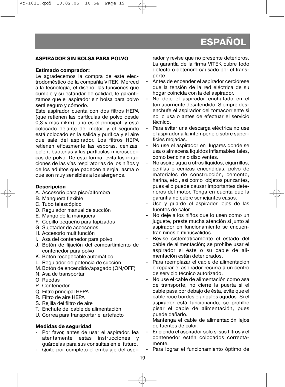 Español | Vitek VT-1811 User Manual | Page 19 / 44