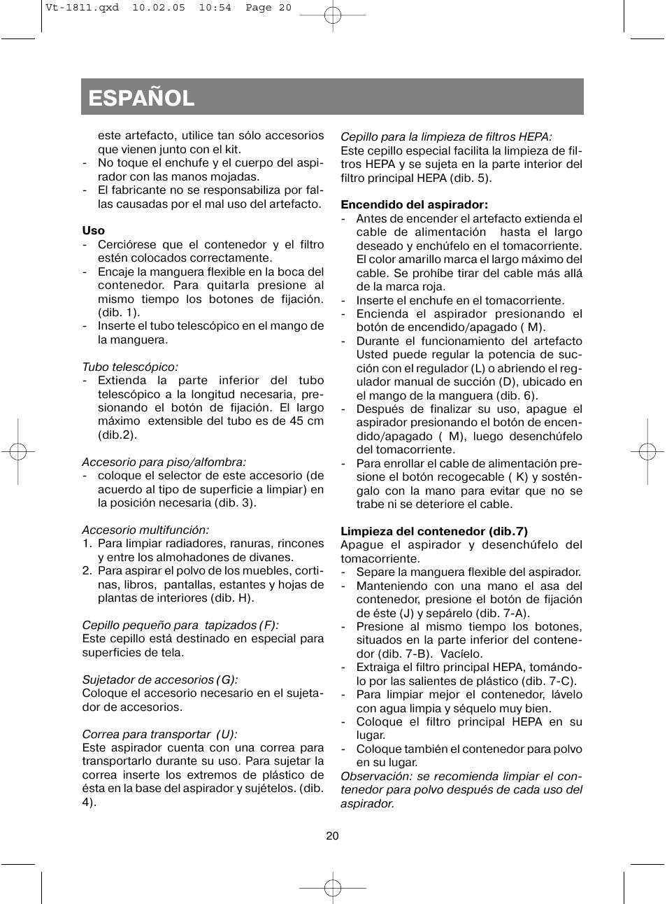 Español | Vitek VT-1811 User Manual | Page 20 / 44