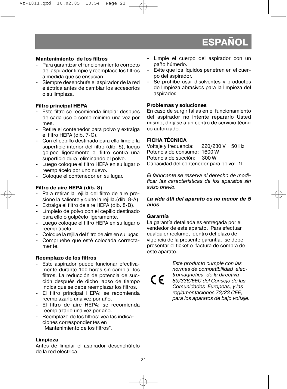 Español | Vitek VT-1811 User Manual | Page 21 / 44