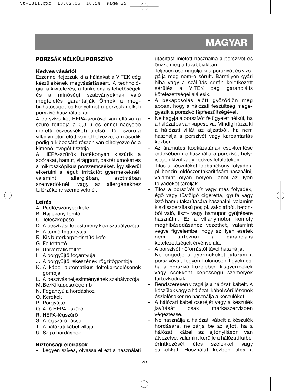 Magyar | Vitek VT-1811 User Manual | Page 25 / 44
