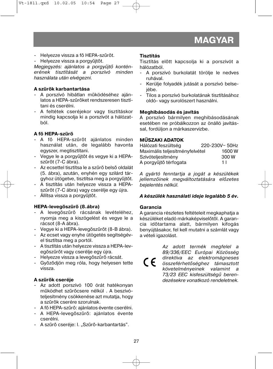 Magyar | Vitek VT-1811 User Manual | Page 27 / 44