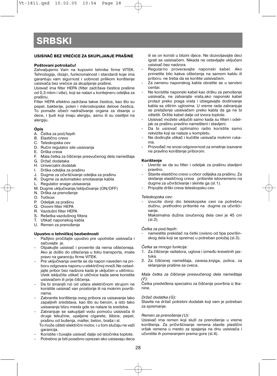 Srbski | Vitek VT-1811 User Manual | Page 28 / 44