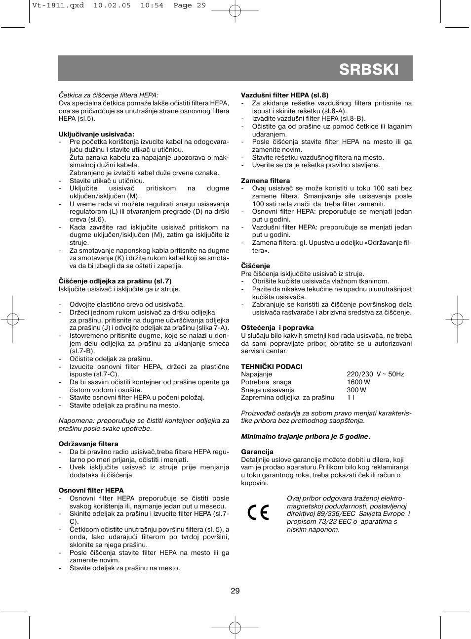 Srbski | Vitek VT-1811 User Manual | Page 29 / 44