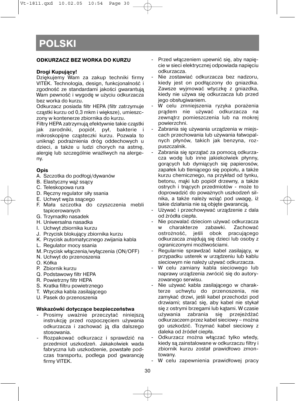 Polski | Vitek VT-1811 User Manual | Page 30 / 44