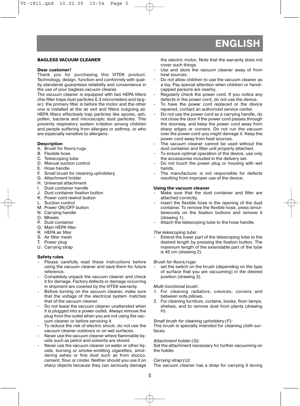 English | Vitek VT-1811 User Manual | Page 5 / 44