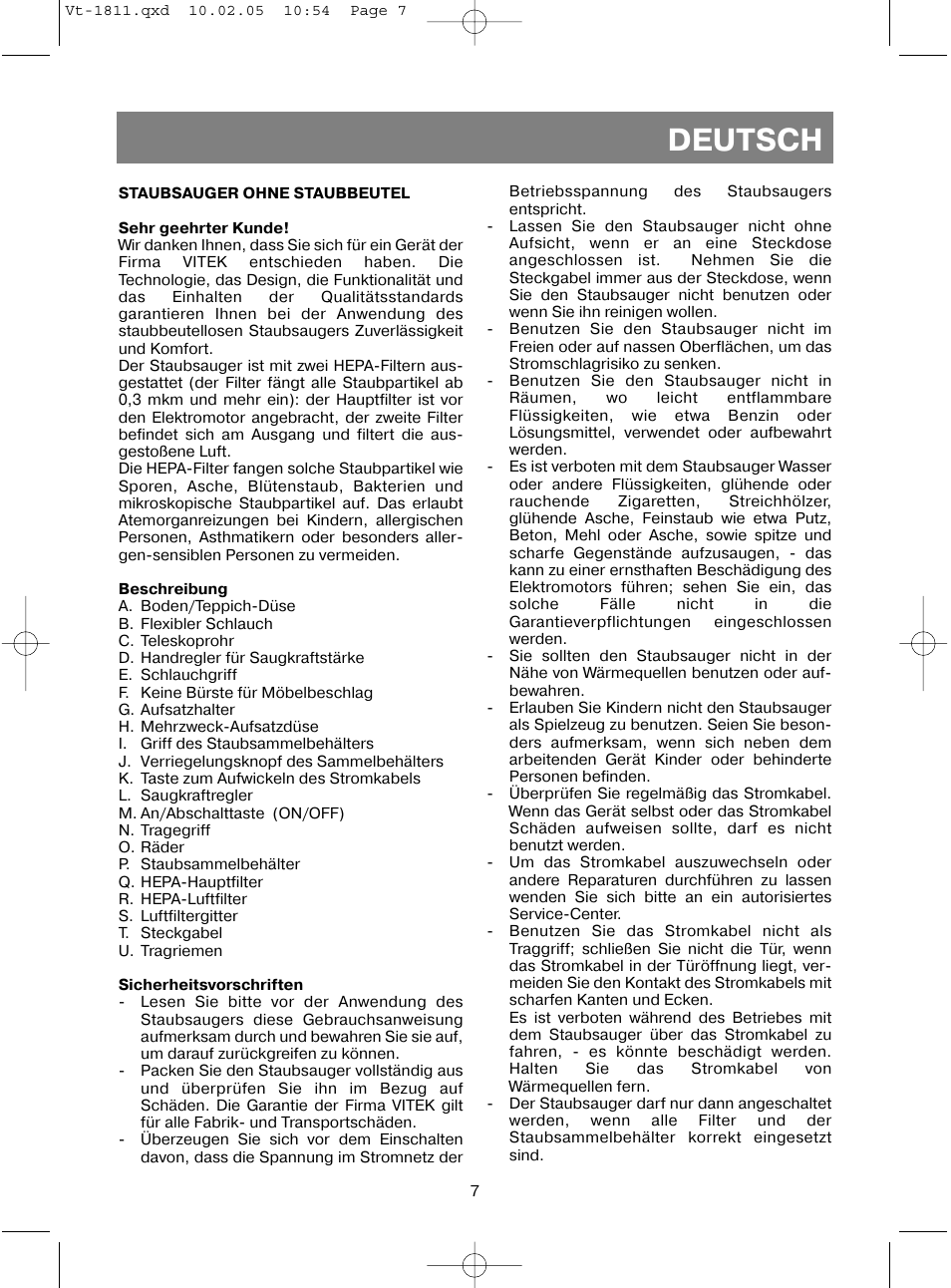 Deutsch | Vitek VT-1811 User Manual | Page 7 / 44