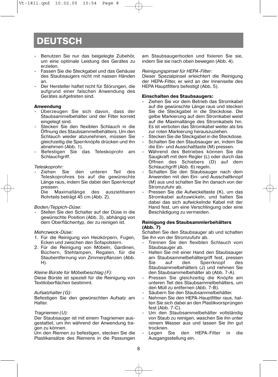 Deutsch | Vitek VT-1811 User Manual | Page 8 / 44