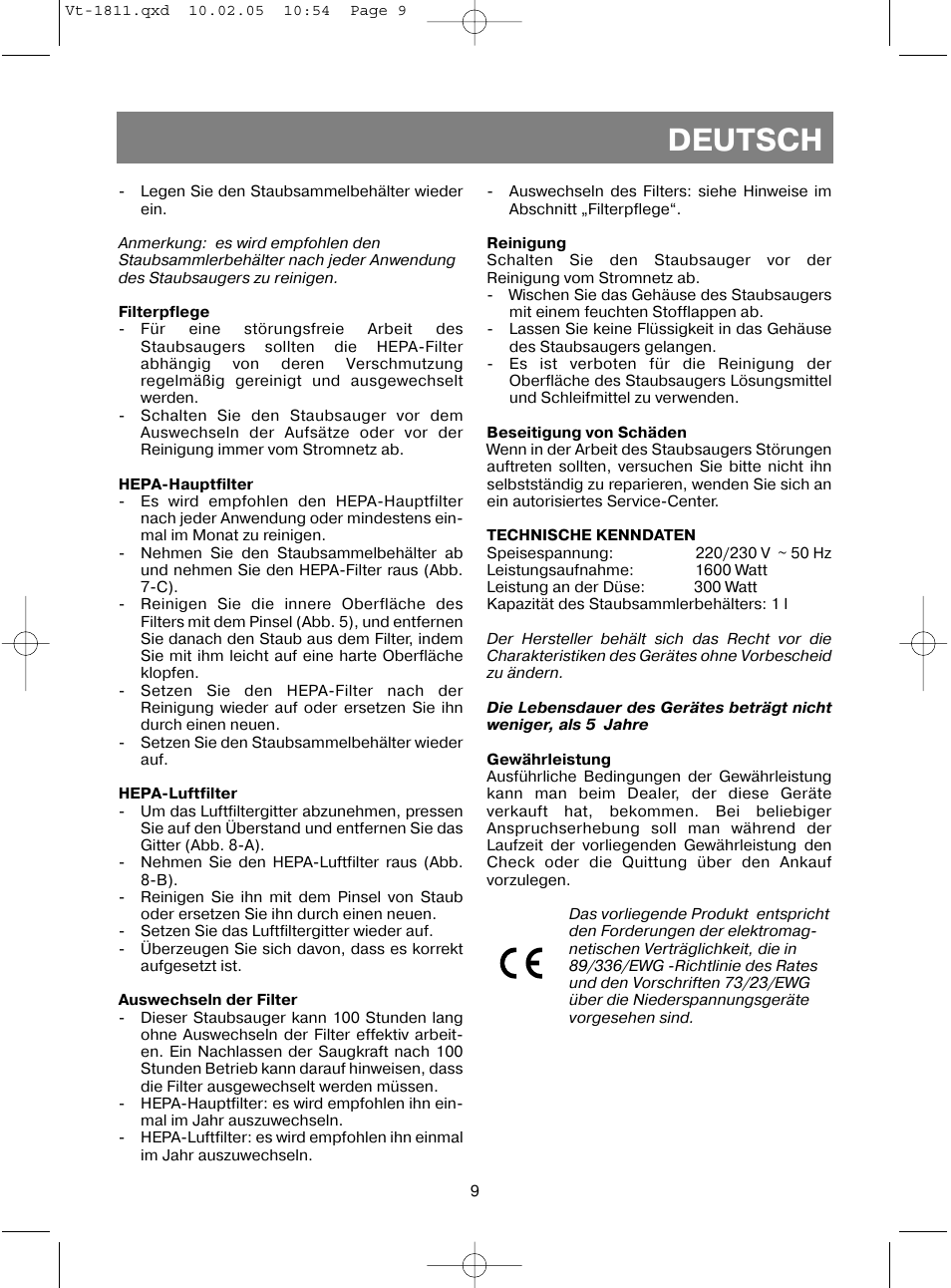 Deutsch | Vitek VT-1811 User Manual | Page 9 / 44