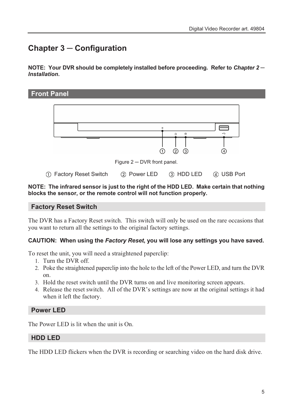 Chapter 3 ņ configuration, Front panel | Comelit MT 49804 User Manual | Page 15 / 63