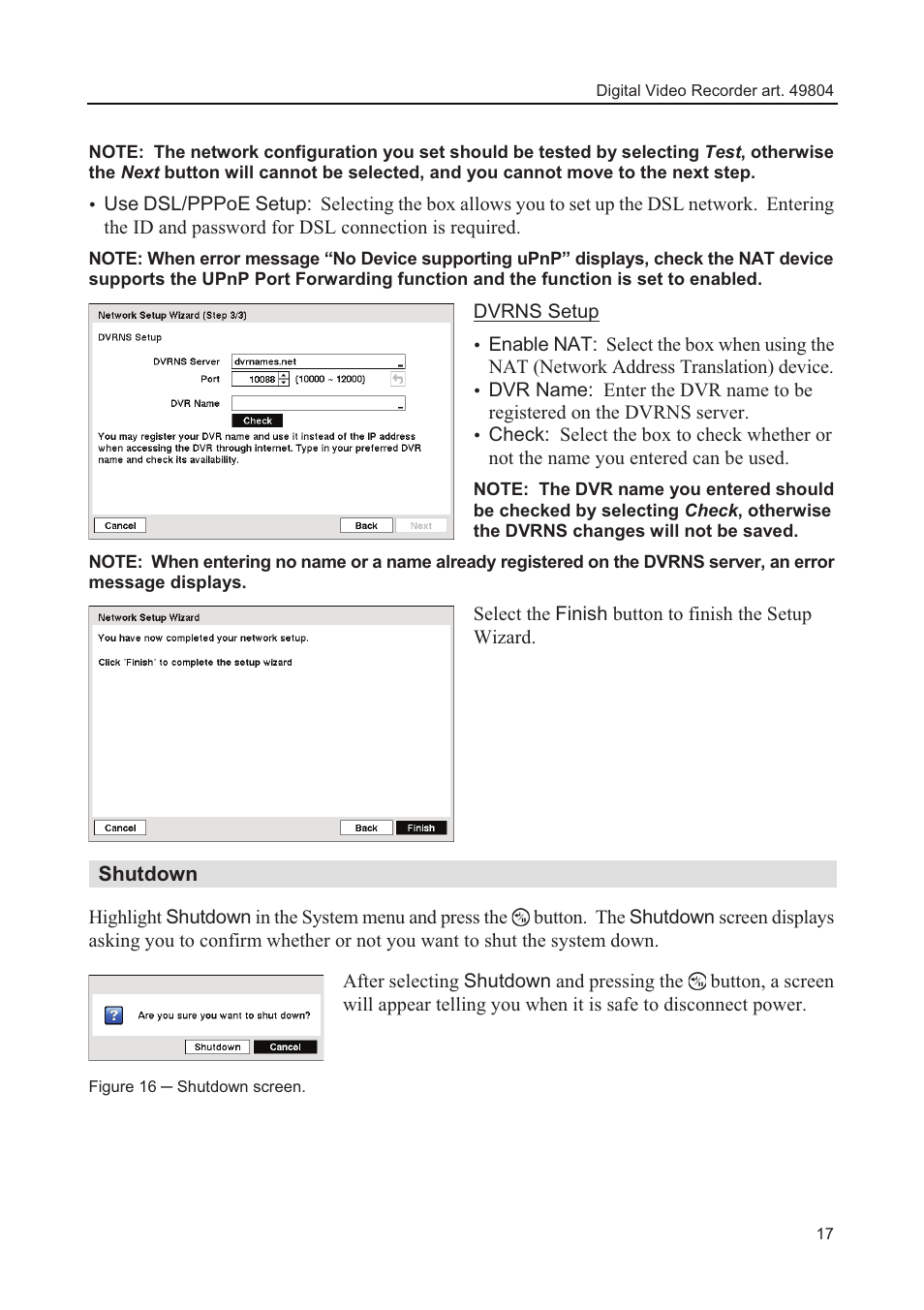 Shutdown, Dvrns setup | Comelit MT 49804 User Manual | Page 27 / 63