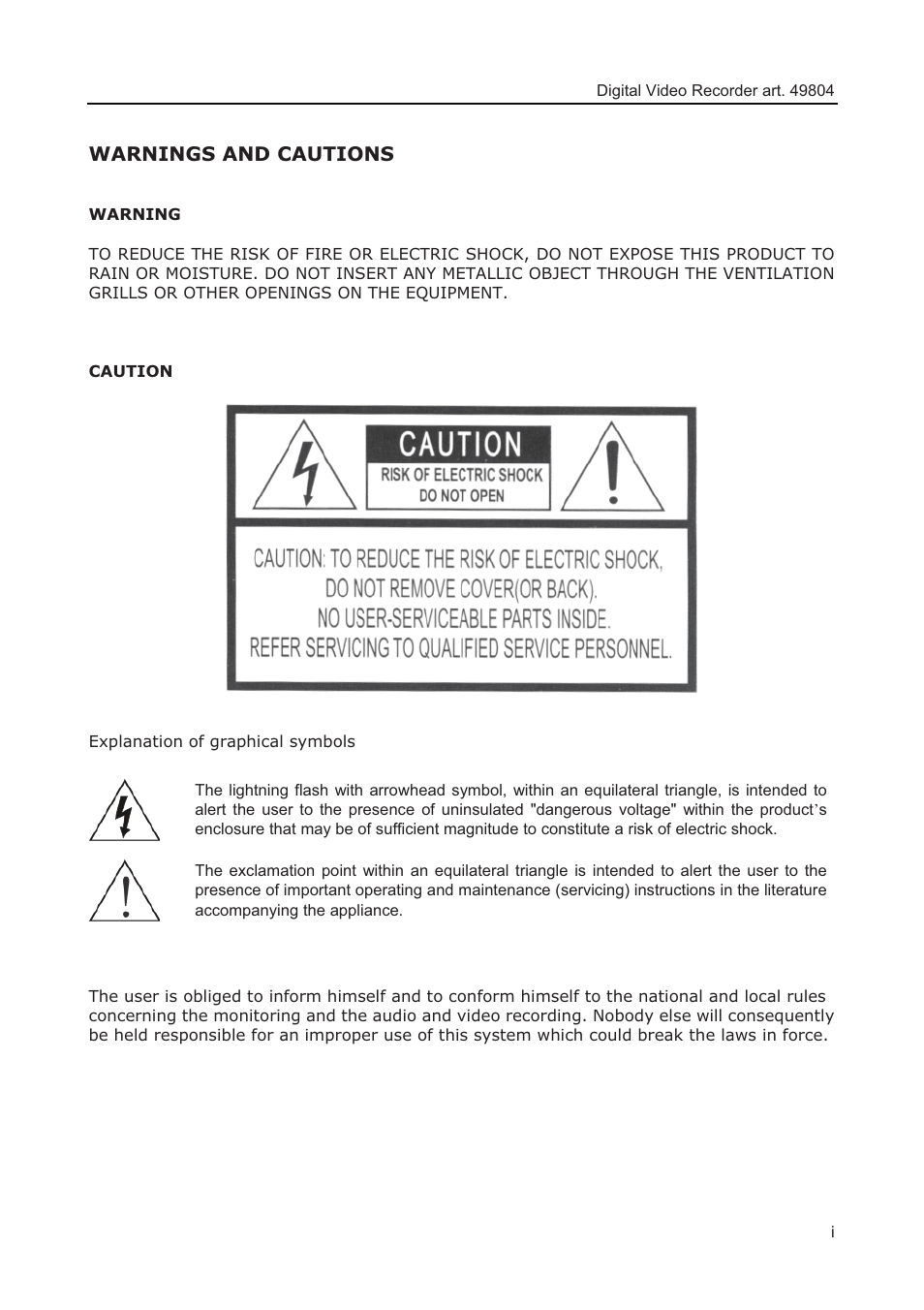 Warnings and cautions | Comelit MT 49804 User Manual | Page 3 / 63