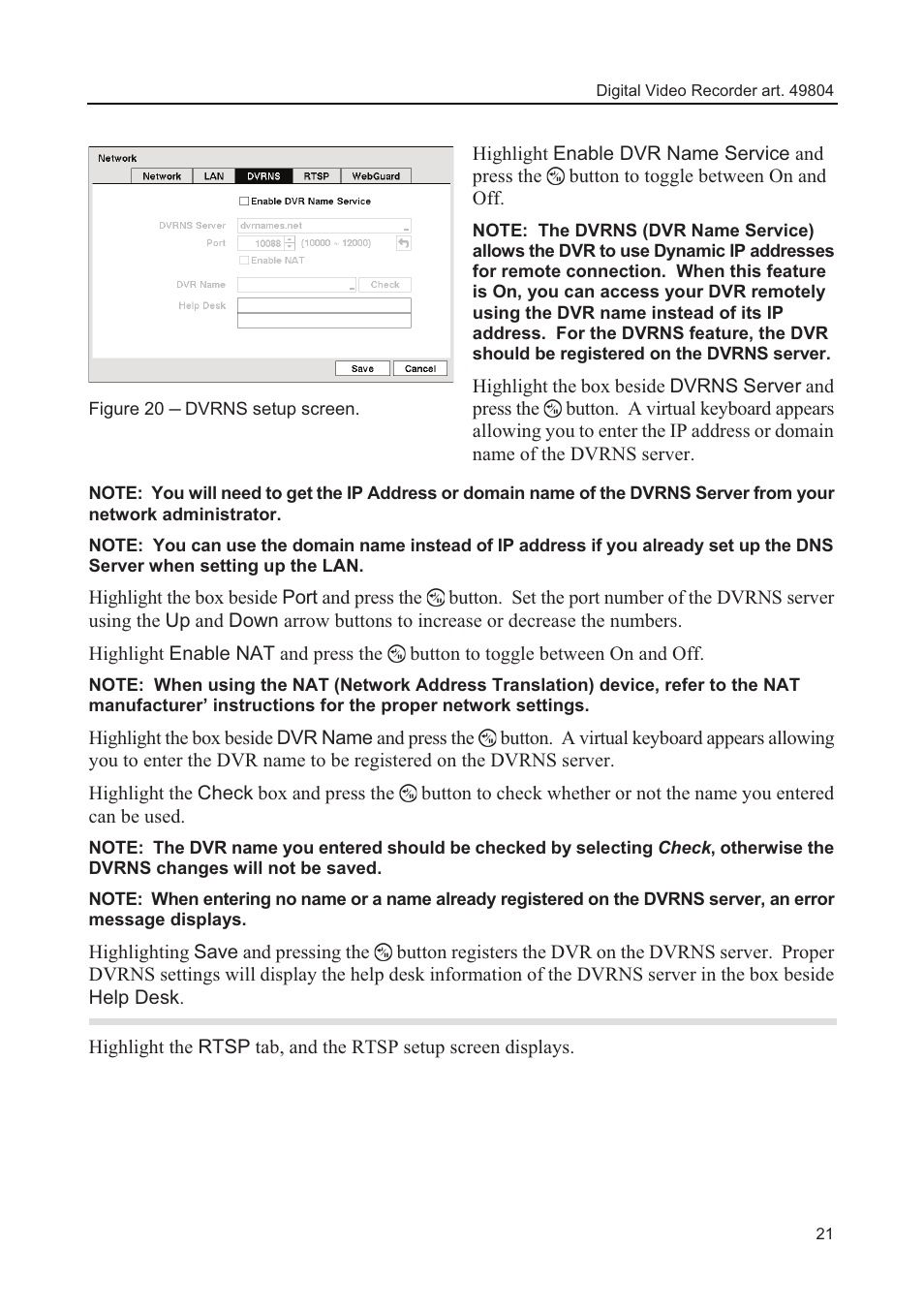 Figure 20, Dvrns setup screen | Comelit MT 49804 User Manual | Page 31 / 63