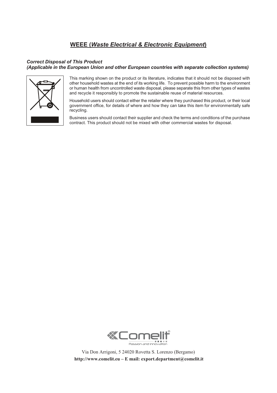 Weee ( waste electrical & electronic equipment ) | Comelit MT 49804 User Manual | Page 63 / 63