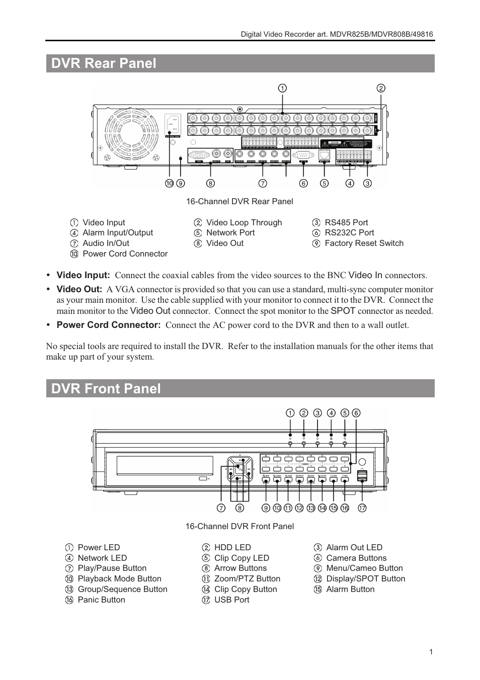 Dvr rear panel, Dvr front panel | Comelit MT MDVR808B User Manual | Page 3 / 14