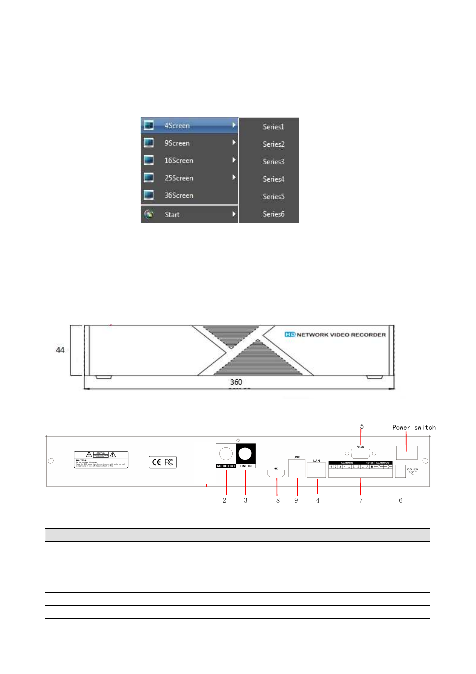 Screen aspect ratio/segmentation, Description of the front and rear panel of the nvr, Front panel | Rear panel | Comelit MT IPNVR116A User Manual | Page 43 / 44