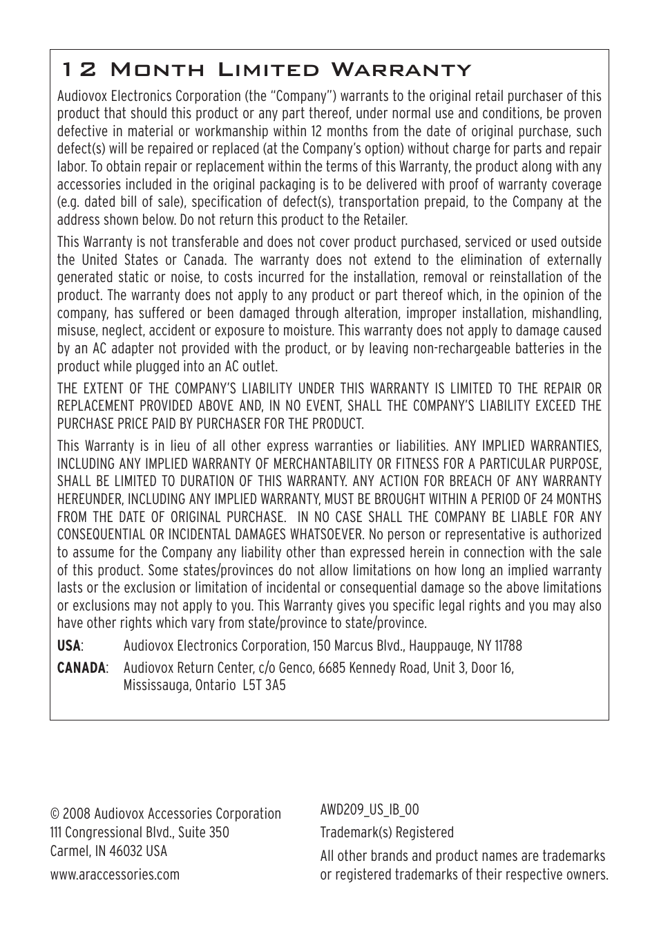 12 month limited warranty | Acoustic Research AWD209 User Manual | Page 12 / 12