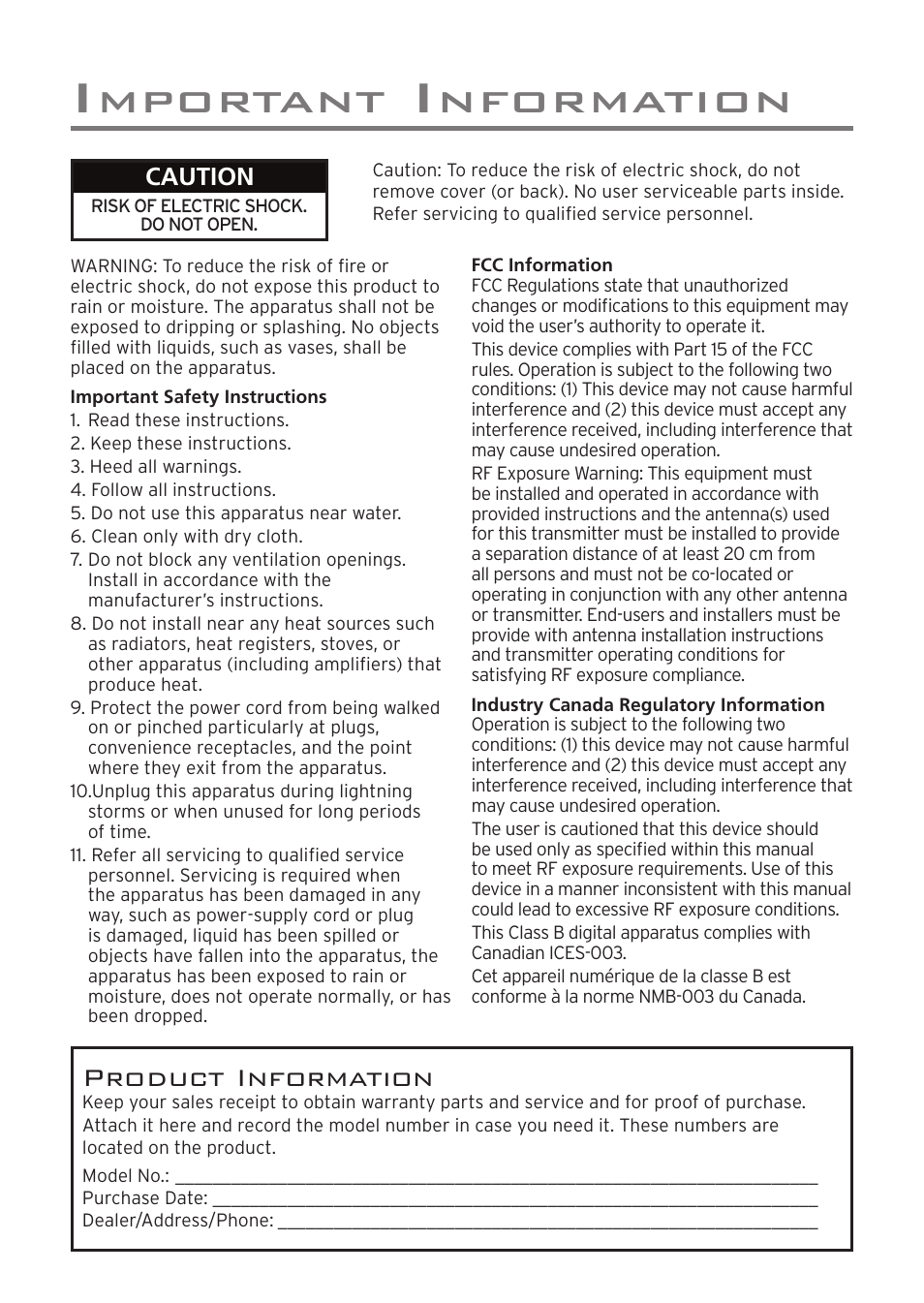 Mportant, Nformation, Product information | Caution | Acoustic Research AWD209 User Manual | Page 2 / 12