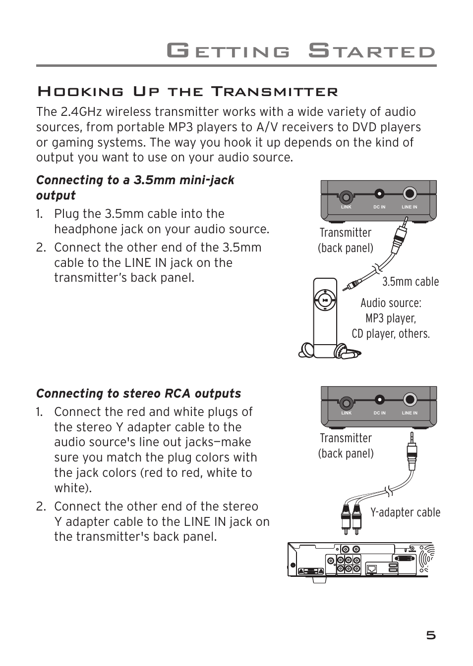 Etting, Tarted, Hooking up the transmitter | Acoustic Research AWD209 User Manual | Page 5 / 12