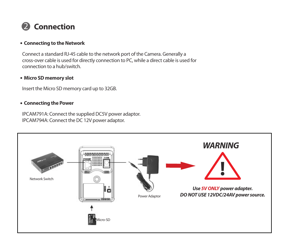 Warning, Connection | Comelit IPCAM791A User Manual | Page 5 / 12