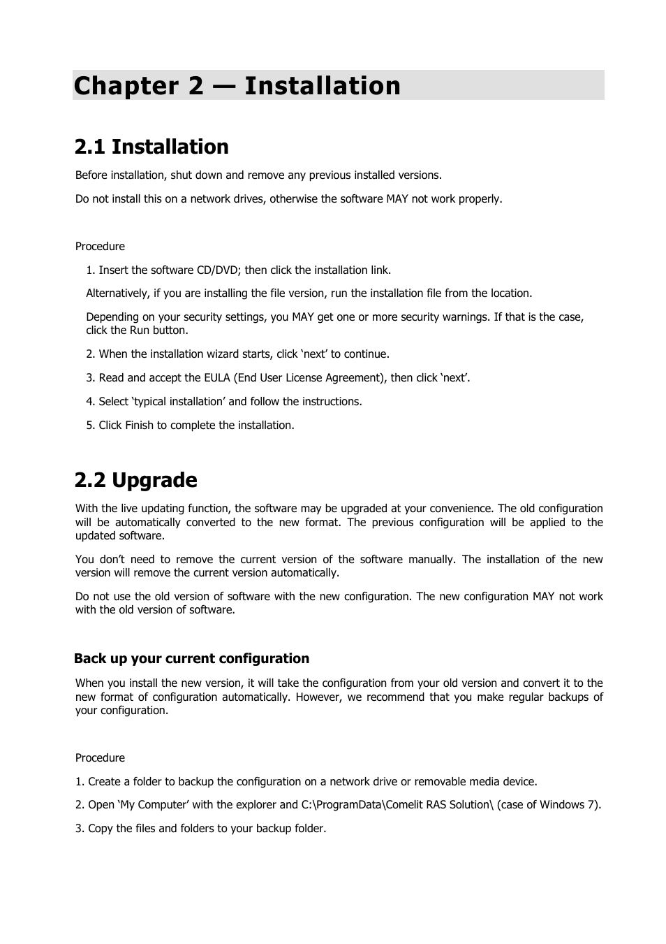 Chapter 2 — installation, 1 installation, 2 upgrade | Comelit RAS_SOLUTION User Manual | Page 10 / 106