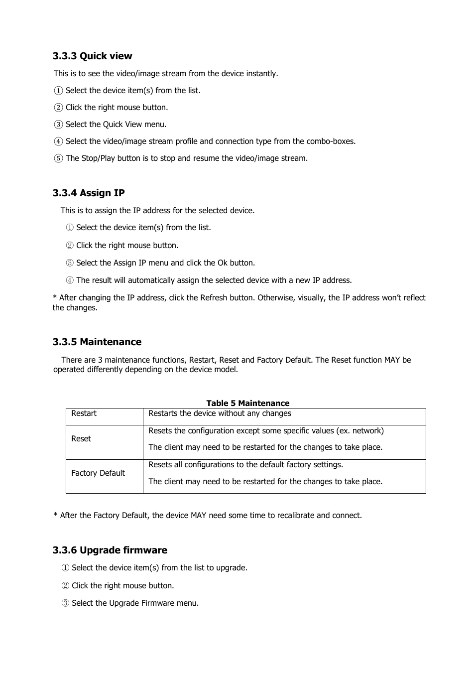 3 quick view, 4 assign ip, 5 maintenance | 6 upgrade firmware | Comelit RAS_SOLUTION User Manual | Page 21 / 106