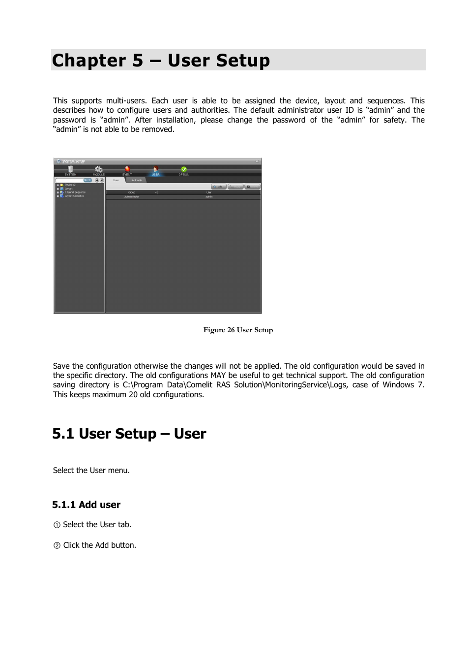 Chapter 5 – user setup, 1 user setup – user | Comelit RAS_SOLUTION User Manual | Page 34 / 106