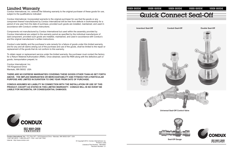 Condux Quick Connect Seal-Off User Manual | 2 pages