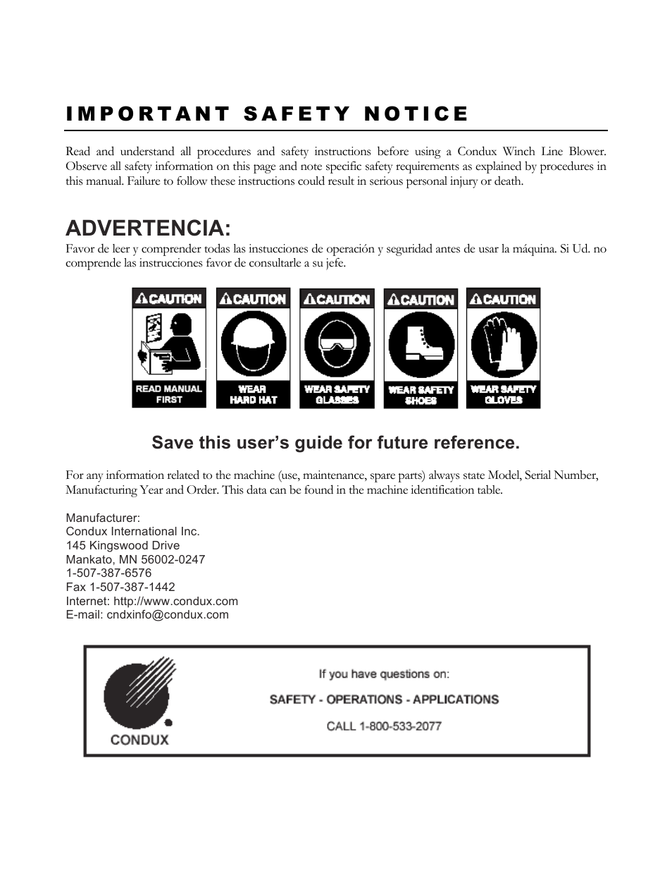 Advertencia, Save this user’s guide for future reference | Condux Winch Line Blower System User Manual | Page 2 / 34