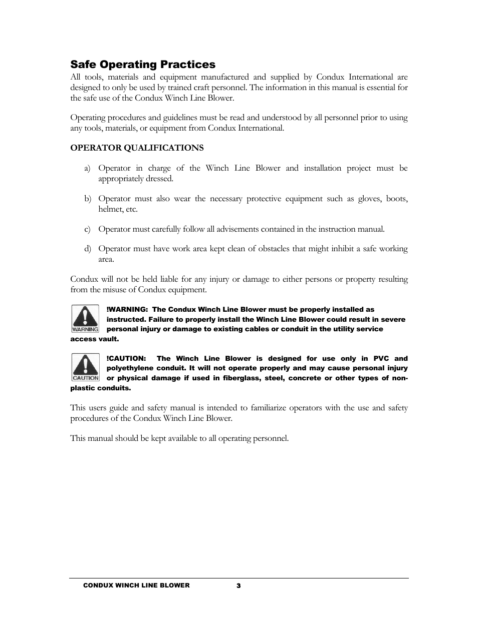 Safe operating practices | Condux Winch Line Blower System User Manual | Page 5 / 34