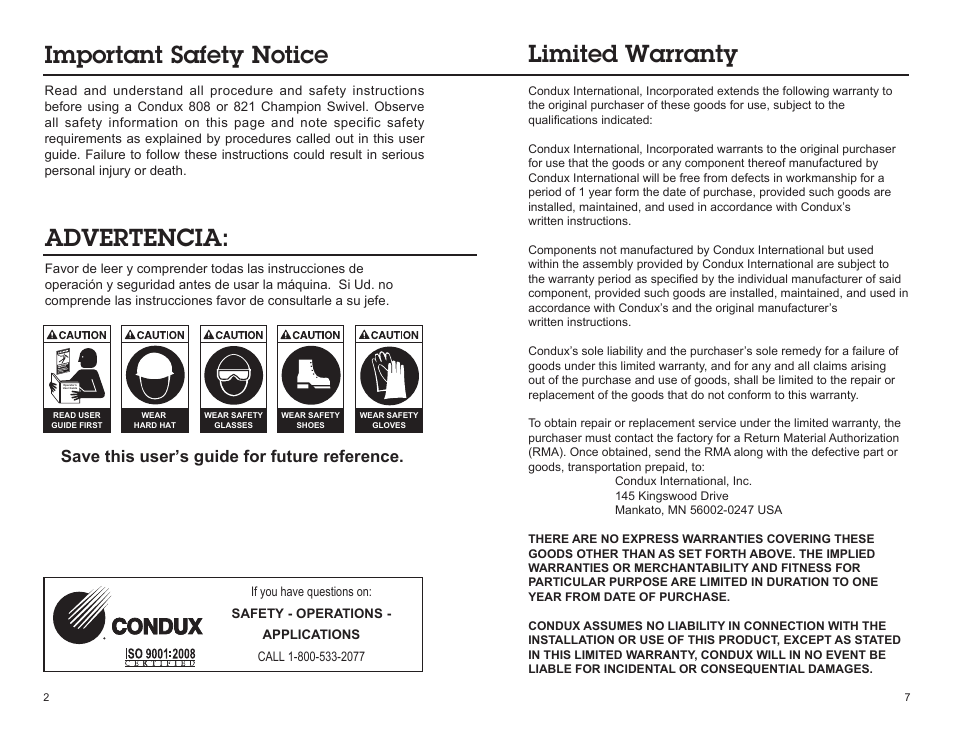 Important safety notice, Advertencia, Limited warranty | Save this user’s guide for future reference | Condux 821 Champion Swivels User Manual | Page 2 / 4