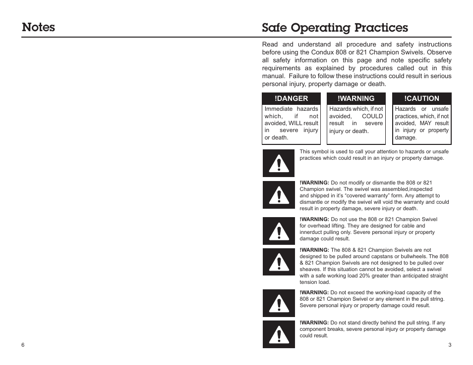 Safe operating practices | Condux 821 Champion Swivels User Manual | Page 3 / 4