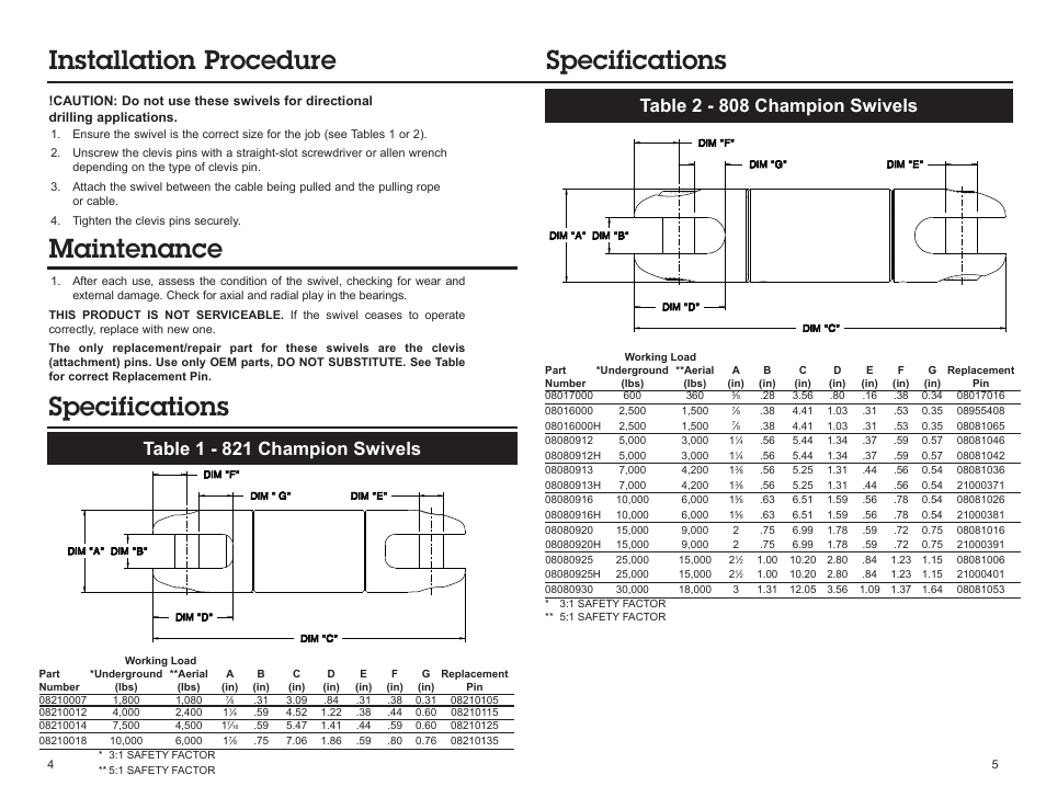 Installation procedure maintenance, Specifications | Condux 821 Champion Swivels User Manual | Page 4 / 4