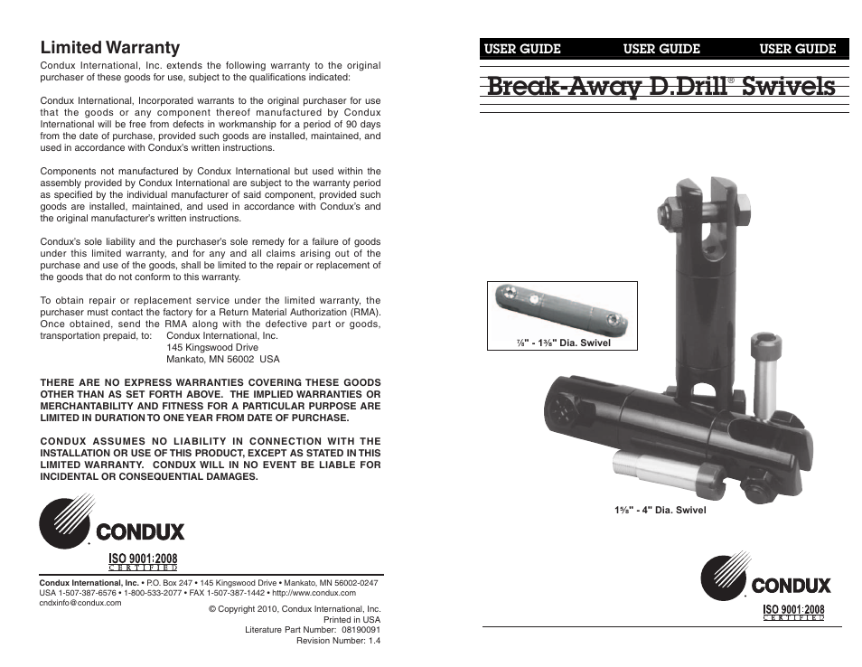 Condux Break-Away D.Drill Swivels User Manual | 6 pages