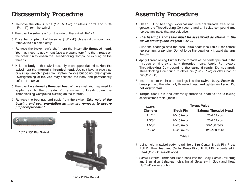 Disassembly procedure assembly procedure | Condux Break-Away D.Drill Swivels User Manual | Page 6 / 6
