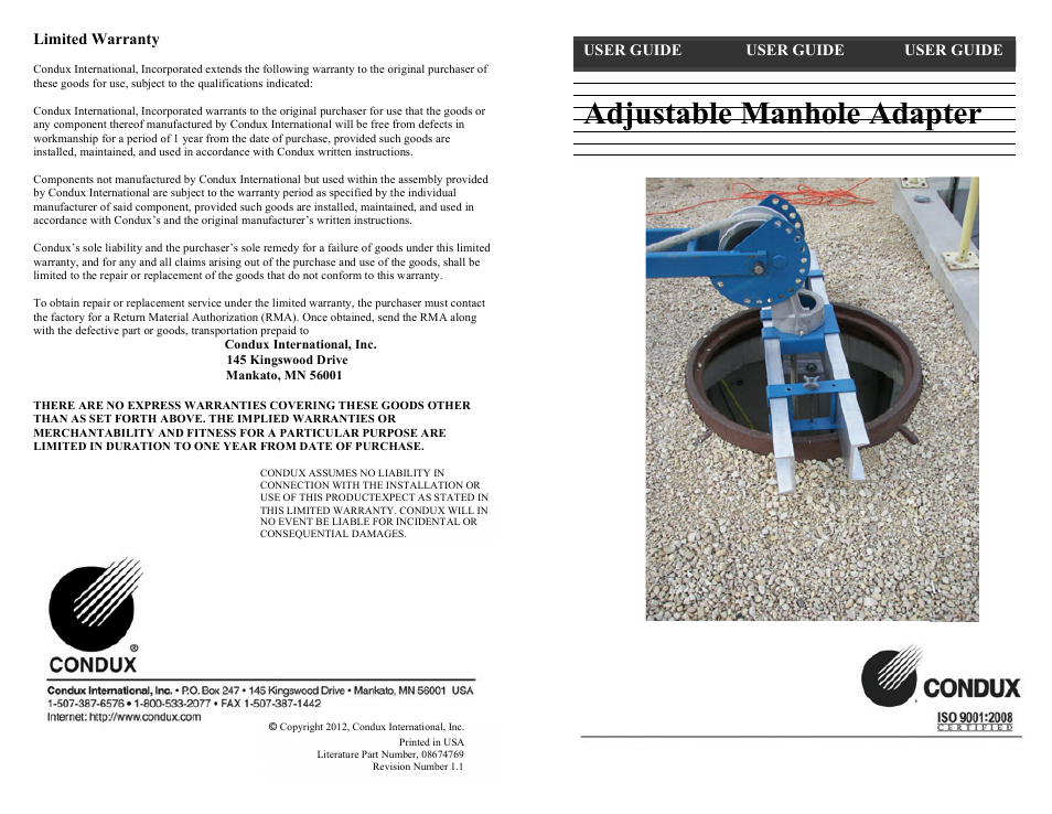 Condux Adjustable Manhole Adapter User Manual | 2 pages
