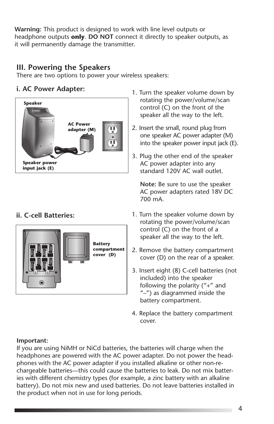Iii. powering the speakers, I. ac power adapter, Ii. c-cell batteries | Audio output, Audio output sortie audio sortie audio | Acoustic Research AW-871 User Manual | Page 5 / 12