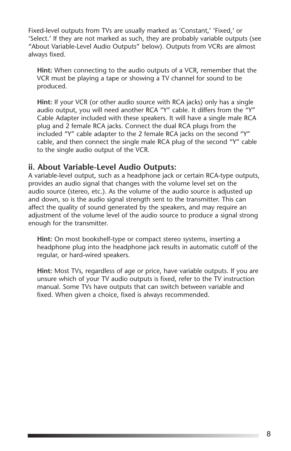 Ii. about variable-level audio outputs | Acoustic Research AW-871 User Manual | Page 9 / 12