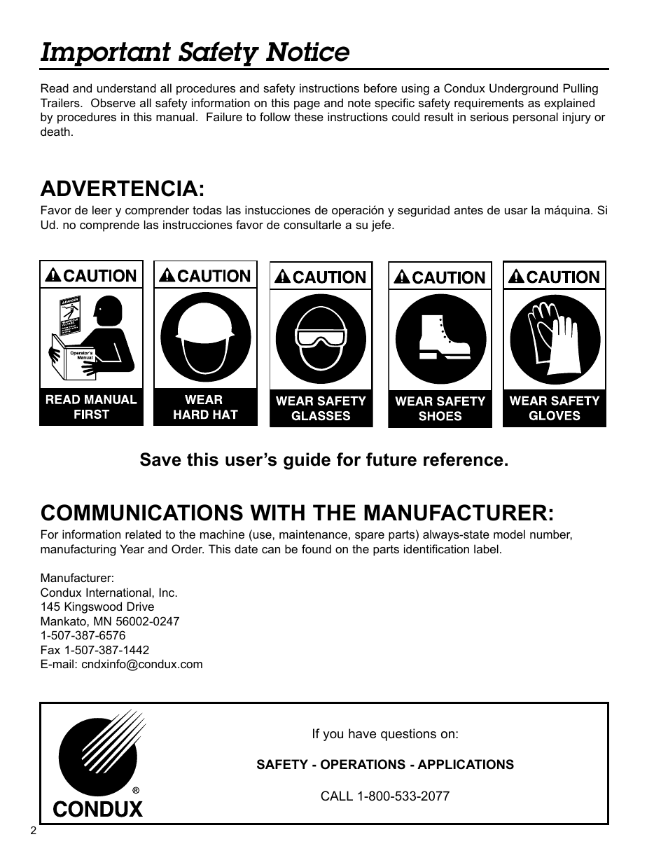 Important safety notice, Advertencia, Communications with the manufacturer | Save this user’s guide for future reference | Condux APS75 Underground Pulling Trailer User Manual | Page 2 / 40