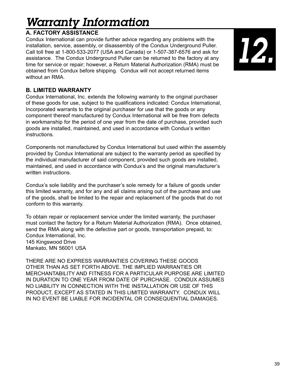 Warranty information | Condux APS75 Underground Pulling Trailer User Manual | Page 39 / 40