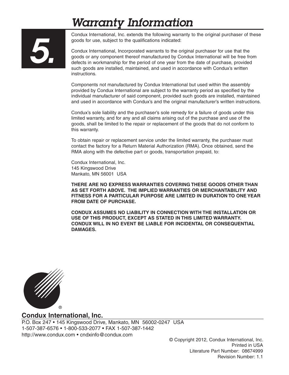 Warranty information | Condux Extension Frame User Manual | Page 8 / 8