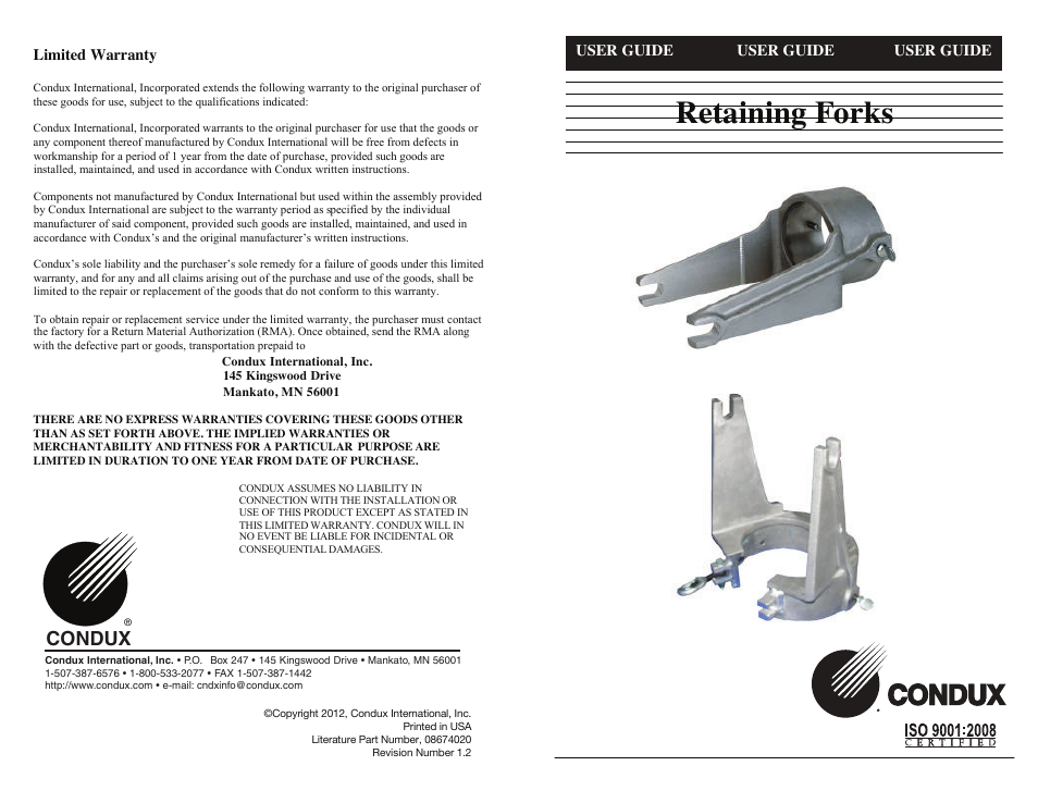 Condux Retaining Forks User Manual | 2 pages