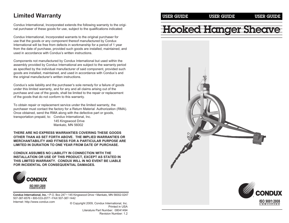 Condux Hooked Hanger Sheave User Manual | 2 pages