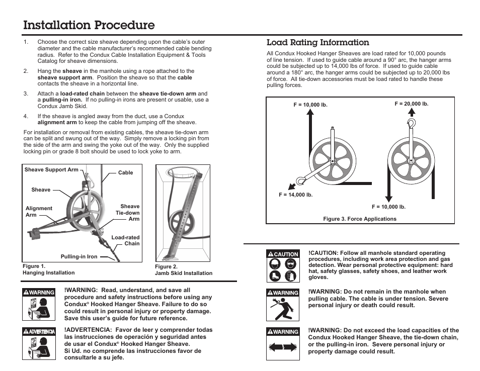 Installation procedure, Load rating information | Condux Hooked Hanger Sheave User Manual | Page 2 / 2