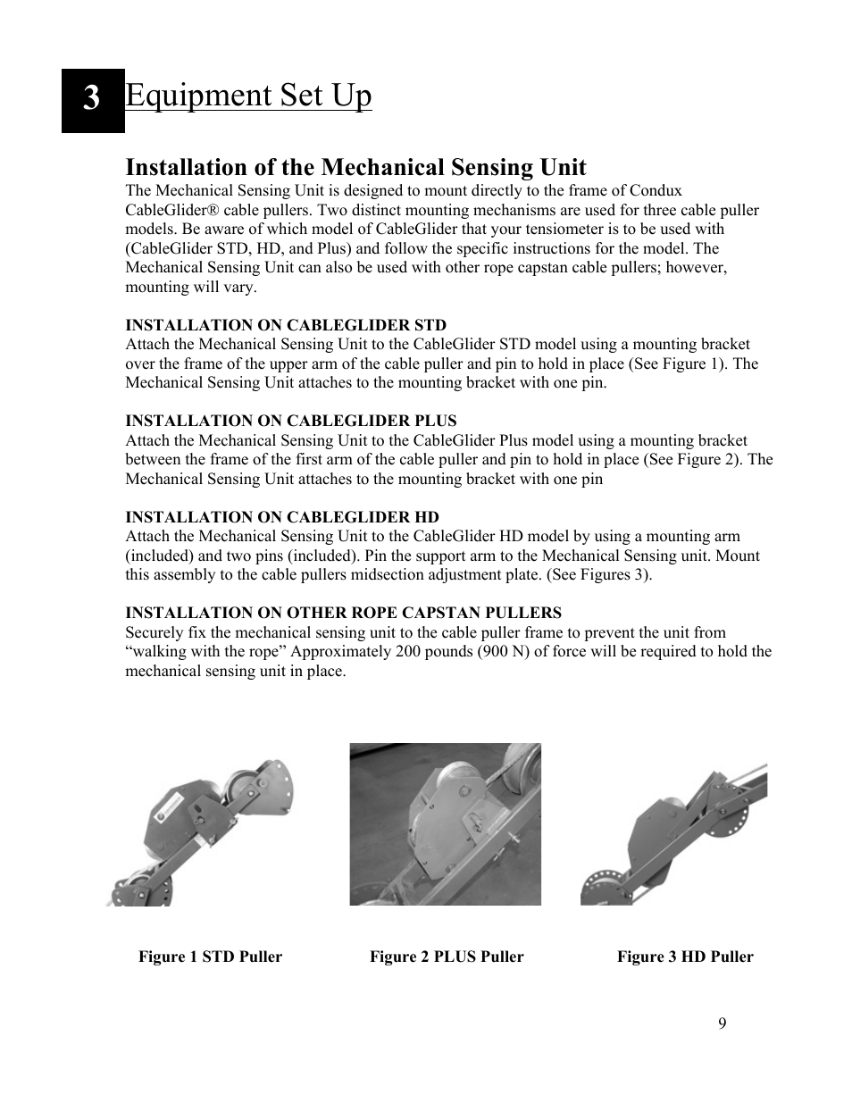 Equipment set up, Installation of the mechanical sensing unit | Condux Running Line Tensiometer User Manual | Page 9 / 20