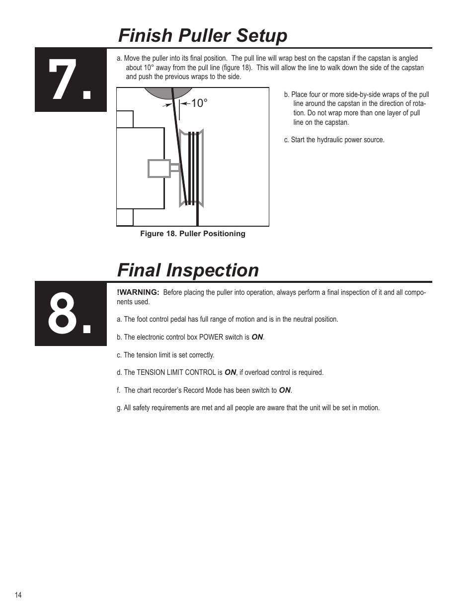 Finish puller setup, Final inspection | Condux CableGlider FO Cable Puller User Manual | Page 14 / 32